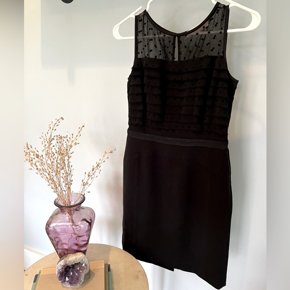 LOFT black dress with polka dots and sheer layers